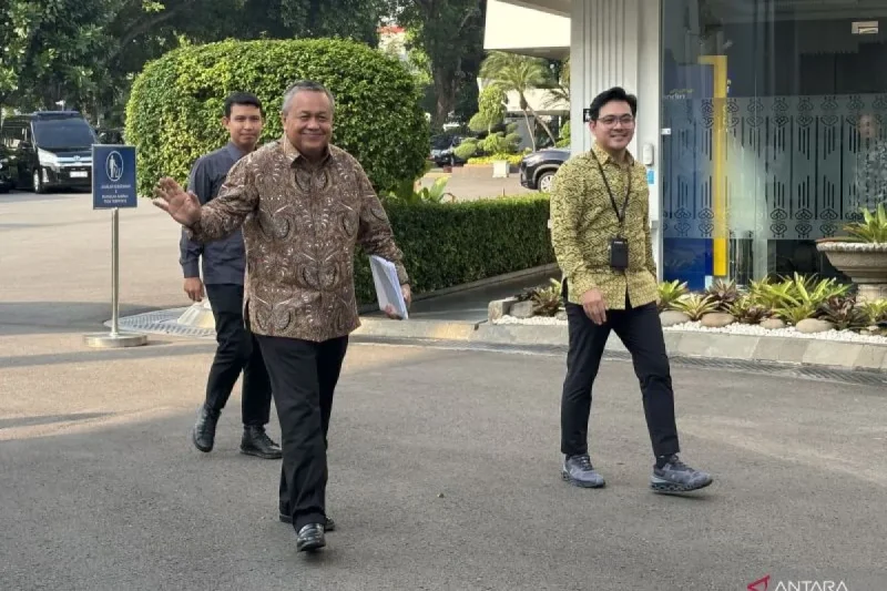 Gubernur Bank Indonesia Perry Warjiyo tiba di Istana Kepresidenan, Jakarta, Kamis (20/6/2024) untuk mengikuti rapat terbatas bersama Presiden Joko Widodo. (ANTARA/Yashinta Difa)