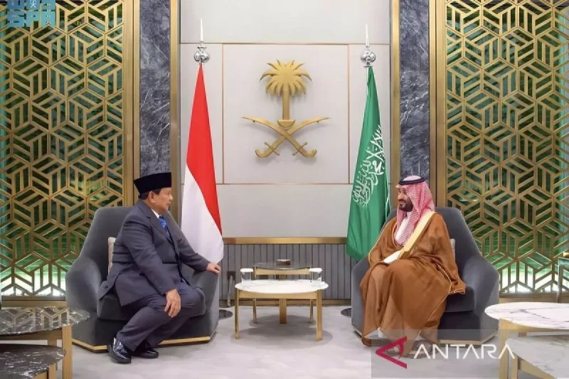 Menteri Pertahanan (Menhan) RI Prabowo Subianto (kiri) dan Putra Mahkota/Perdana Menteri Arab Saudi Muhammad bin Salman (MBS) bin Abdulaziz membahas isu-isu global, termasuk terkait dengan Palestina dan kerja sama dua negara saat bertemu di Jeddah, Arab Saudi, Rabu (12/6/2024). ANTARA/HO-Biro Humas Setjen Kemhan RI/aa.